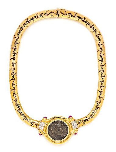 An 18 Karat Yellow Gold, Coin, Diamond and Ruby Necklace, 48.60 dwts.