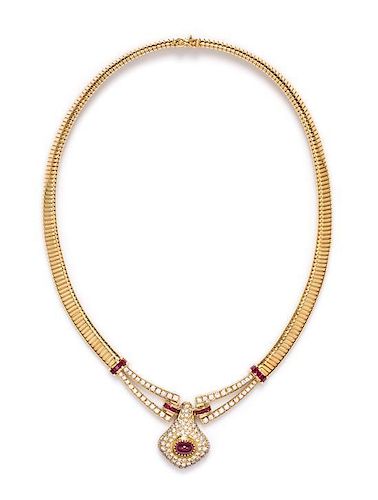 An 18 Karat Yellow Gold, Ruby and Diamond Necklace, 30.10 dwts.