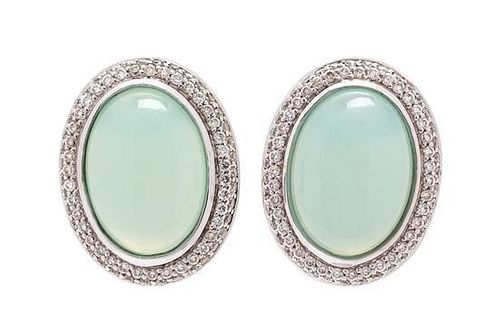 A Pair of Sterling Silver, Aqua Chalcedony and Diamond Albion Earclips, David Yurman, 5.20 dwts.
