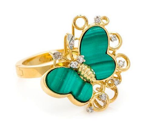 * An 18 Karat Yellow Gold, Malachite and Diamond Butterfly Motif Ring, 7.50 dwts.