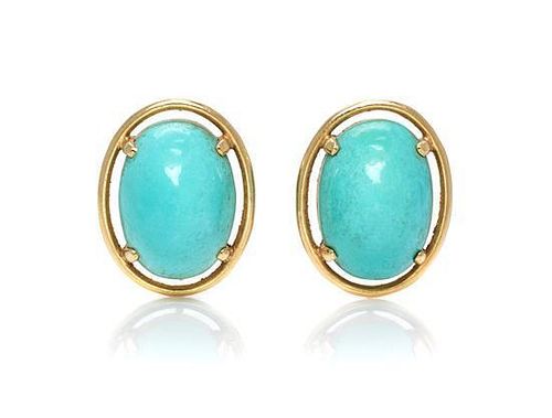 A Pair of Yellow Gold and Turquoise Earclips, 6.40 dwts.