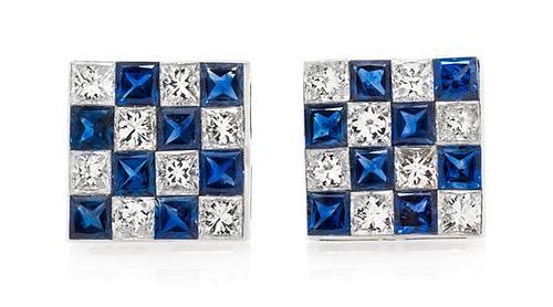 A Pair of White Gold, Diamond and Sapphire Earrings, 2.00 dwts.