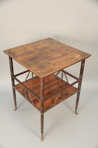 A. and H. Lejambre table, top with metalwork spider web, spider and fly of brass, copper, and pewter having brass edging all on turn...