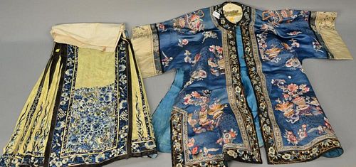 Chinese silk embroidered robe along with Chinese silk embroidered wedding skirt having two panels with garden scenes.  