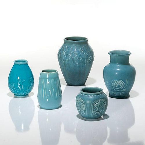 Lot of Blue Glazed Rookwood Production Vases 