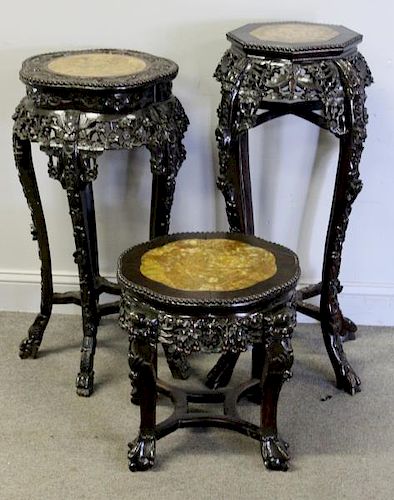 3 Highly Carved Chinese Hardwood Stands