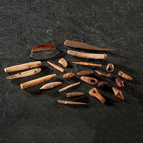 Eskimo Fossilized Bone and Ivory Harpoon Parts and Other Implements 