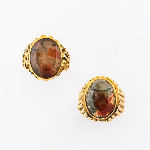Two 14kt Gold and Hardstone Cabochon Rings