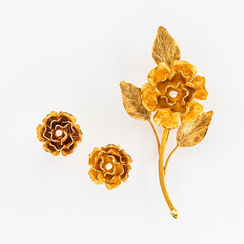 18kt Gold and Cultured Pearl Flower Brooch and Earrings