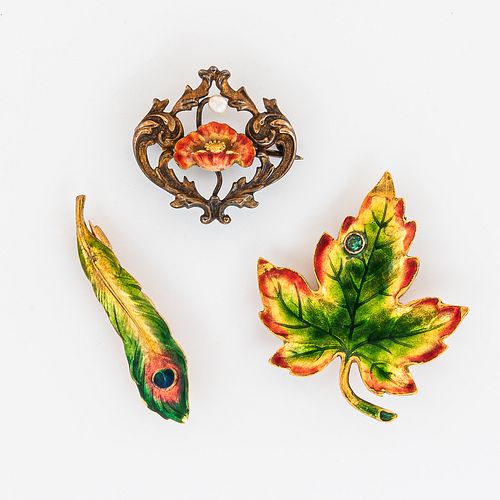 Three Antique 14kt Gold and Enamel Brooches