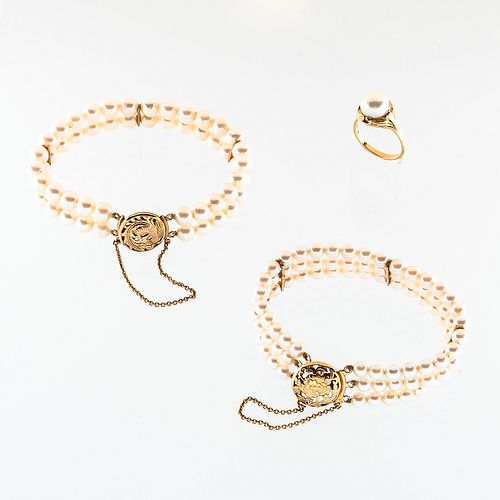 Three Pieces of Ming's 14kt Gold and Cultured Pearl Jewelry