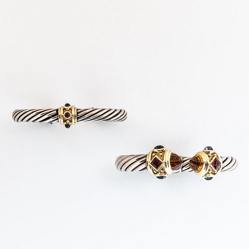 Two David Yurman Sterling Silver, 14kt Gold, and Gem-set "Cable Twist" Cuff Bracelets