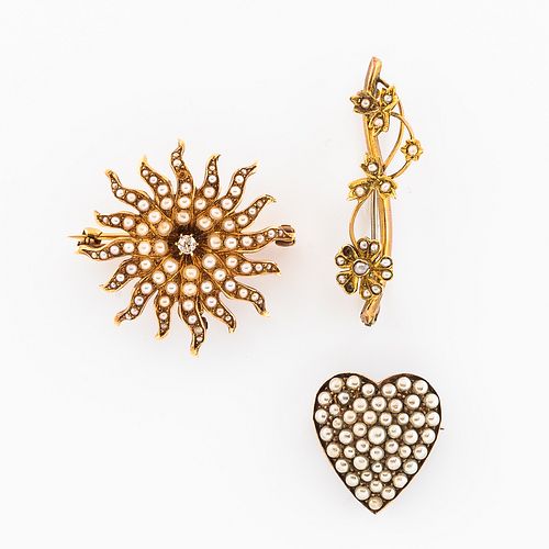 Three Antique Gold and Pearl Pins