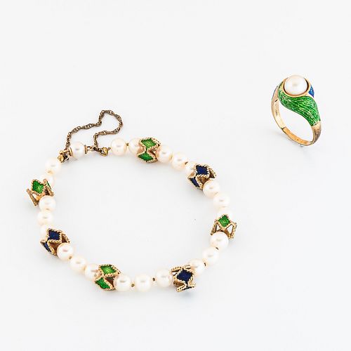 14kt Gold, Cultured Pearl, and Enamel Bracelet and Ring