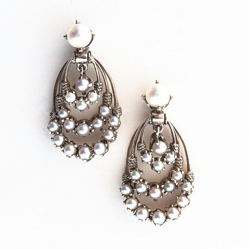 White Gold and Cultured Pearl Earrings