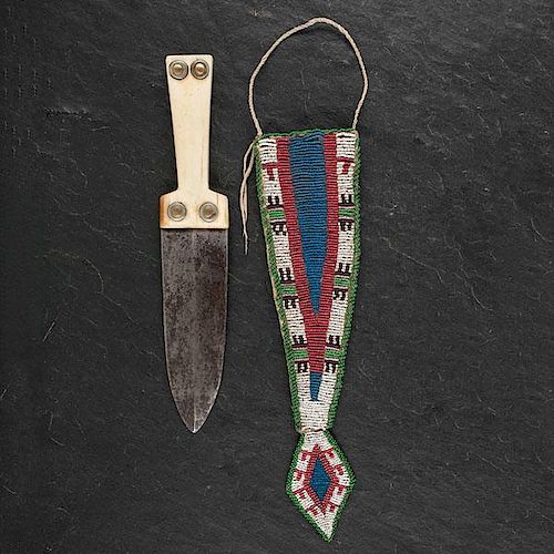 Northern Plains Beaded Hide Knife Sheath with Dag Knife From the Collection of Arnold Marcus Chernoff 