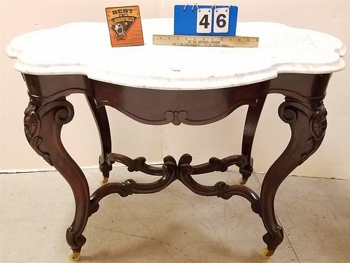 VICT. WALNUT MARBLE TOP (REPAIRED)CENTER TABLE 30"H X 41"W X 30 1/2"D