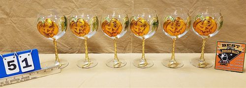 TRAY 6 ITALIAN HAND DECORATED HALLOWEEN MOTIF WINE GLASSES 8 1/2"