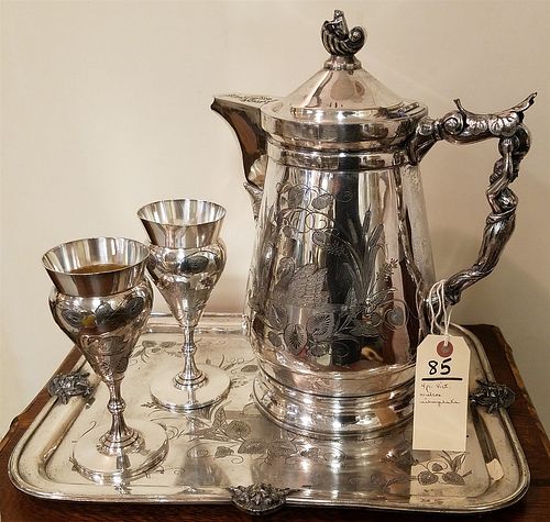 VICT WILCOX SILVERPLATE SWAN MOTIF TRAY 17" X 13 1/2", WATER PITCHER 13 1/2" & PR. GOBLETS