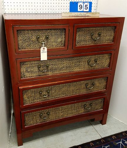 CHINESE RED LAQUER & RATTAN 5 DRAWER CHEST 41 1/2"H X 35 1/2"W X 17"D