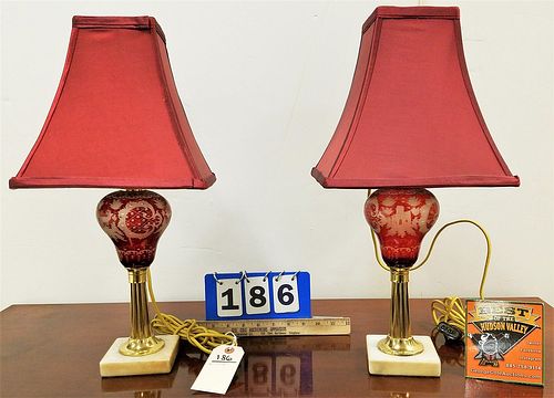 PR.19THc OIL LAMPS W/RUBY CUT TO CLEAR FONTS 19" NOT DRILLED