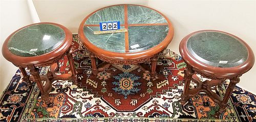 MAHOG 3 PC MARBLE TOP SET- COFFEE TABLE 17"H X 3' DIAM AND PR MATCHING END STANDS 22 1/2"H X 21" DIAM