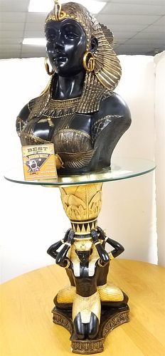RESIN BUST OF CLEOPATRA 22" ON A RESIN EGYPTIAN FIGURAL BASE GLASS TOP STAND 25"H X21"DIAM
