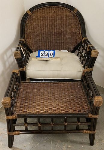 BAMBOO AND WICKER ARMCHAIR AND OTTOMAN