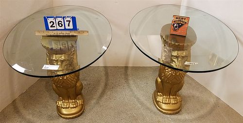 PR FIBERGLASS GILT LION BASE BEVELLED GLASS TOP END STANDS 22"H X 24"W X 3'D