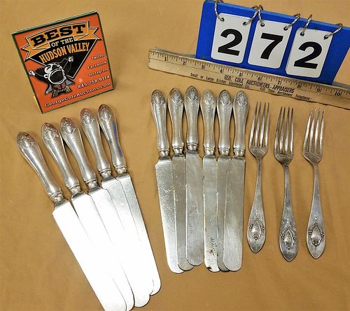 LOT STERL LUNT "MT VERNON" 1905 FLATWARE- 3 DINNER FORKS, 11 DINNER KNIVES 5.24 OZT WT DOES NOT INCL KNIVES