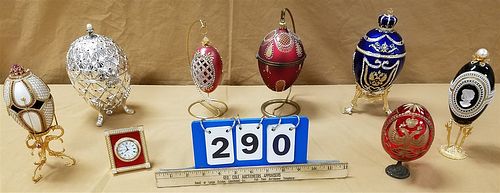 TRAY DECORATIVE EGGS-5" RUSSIAN RUBY CUT GLASS, 2-7 1/2" BEJEWELED REAL EGG MUSIC BXS, 6 1/4" ENAMELED SILVERPLATE STUDDED EGG BX ON STAND, WALLACE SI