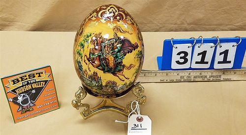 RUSSIAN ENAMELED WOODEN EGG ON STAND 10"