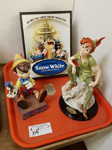 TRAY DISNEY SNOW WHITE AND THE SEVEN DWARFS HIGH RELIEF STAND 10 1/2"H X 8 1/4"W X 1 3/4"D, ARMANI PETER PAN 11" & DISNEY SHOWCASE-JUST A LITTLE WHIST