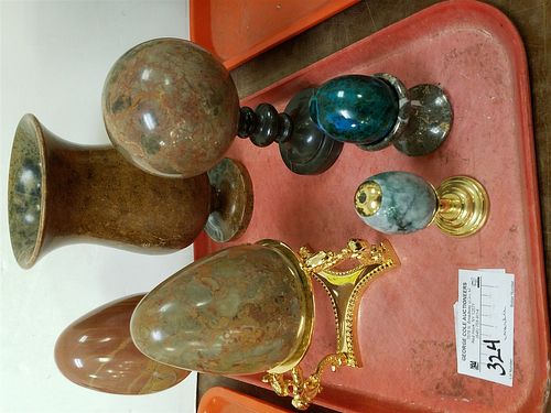 TRAY MARBLE ITEMS- URN 8 3/4"H X 5 1/2"DIAM., EGG ON STAND 8 1/2", BALL ON STAND 8", EGG ON BRASS STAND 8" ETC.