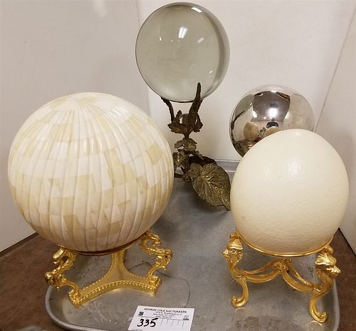 TRAY W/ CRYSTAL BALL ON BRASS STAND 13", BONE MOSAIC BALL ON STAND 10", METAL BALL ON STAND 8 1/2", OSTRICH EGG ON STAND 8 1/2"