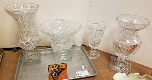 TRAY CUT GLASS VASES 14", 12 1/2" AND 10" AND COMPOTE 9"H X 10 1/2" DIAM