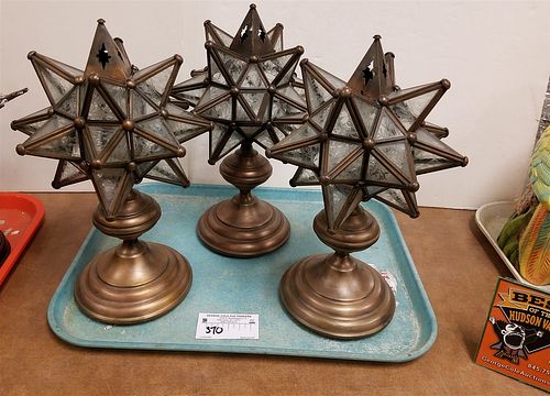TRAY 3 LEADED GLASS STAR VOTIVES-ON BRASS STANDS 13"H X 8"DIAM.
