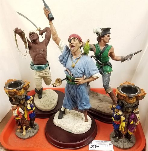 TRAY HISTORY OF PIRATES AND BUCCANEERS FIGURES- DIEGO GRILLO 13", PEG LEG 15", CALICA JACK 11" AND PR CANDLESTICKS