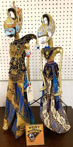 PR INDO WOODEN JOINTED PUPPETS W/ ELABORATE COSTUMES 29 1/2" AND 26 1/2"