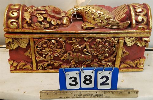 INDO CARVED WOOD BX PARTIAL GILT ANDPTD 9"H X 18 1/2"W X 6"D AND SM BRASS MOUNTED BX
