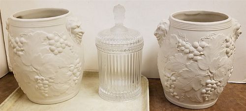 TRAY IRONSTONE WINE COOLERS 8 1/2"HX 8" DIAM AND MMA PRESSED GLASS COVERED JAR