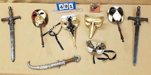 BX ITALIAN CARNIVAL MASKS, 2 RESIN SWORDS AND METAL DAGGER AND SHEATH COSTUMES