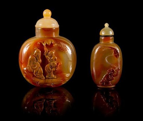 Two Carved Agate Snuff Bottles Height of taller 3 1/4 inches.