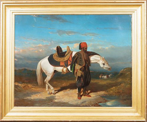 ARABIAN WHITE HORSE & EASTERN MAN OIL PAINTING