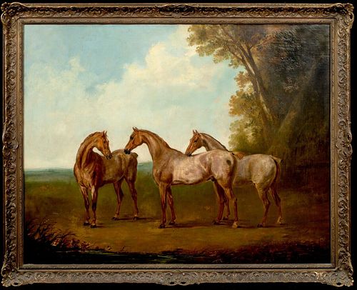 PORTRAIT OF THREE BAY HORSES IN A LANDSCAPE OIL PAINTING