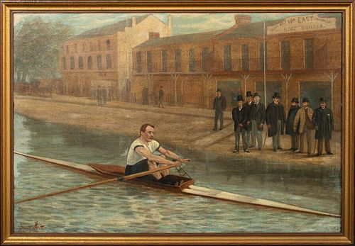 SCULLING ROWER & GENTLEMAN OIL PAINTING
