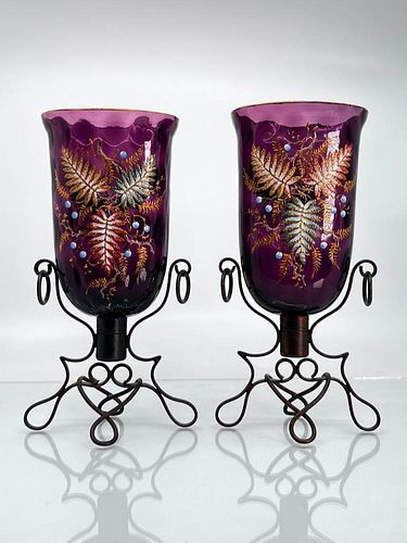 Pair Moser Mounted Fern Leaf Decorated Vases