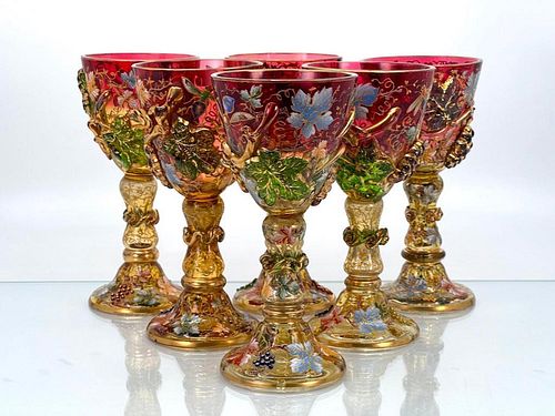 Six Moser Enameled Glass Wines with Applied Decoration