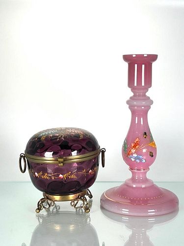 Moser Enameled Box and Rosaline Candlestick