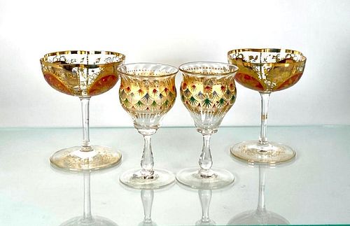 A Pair of Moser Enameled Liquor Glasses and Champagne Coupes